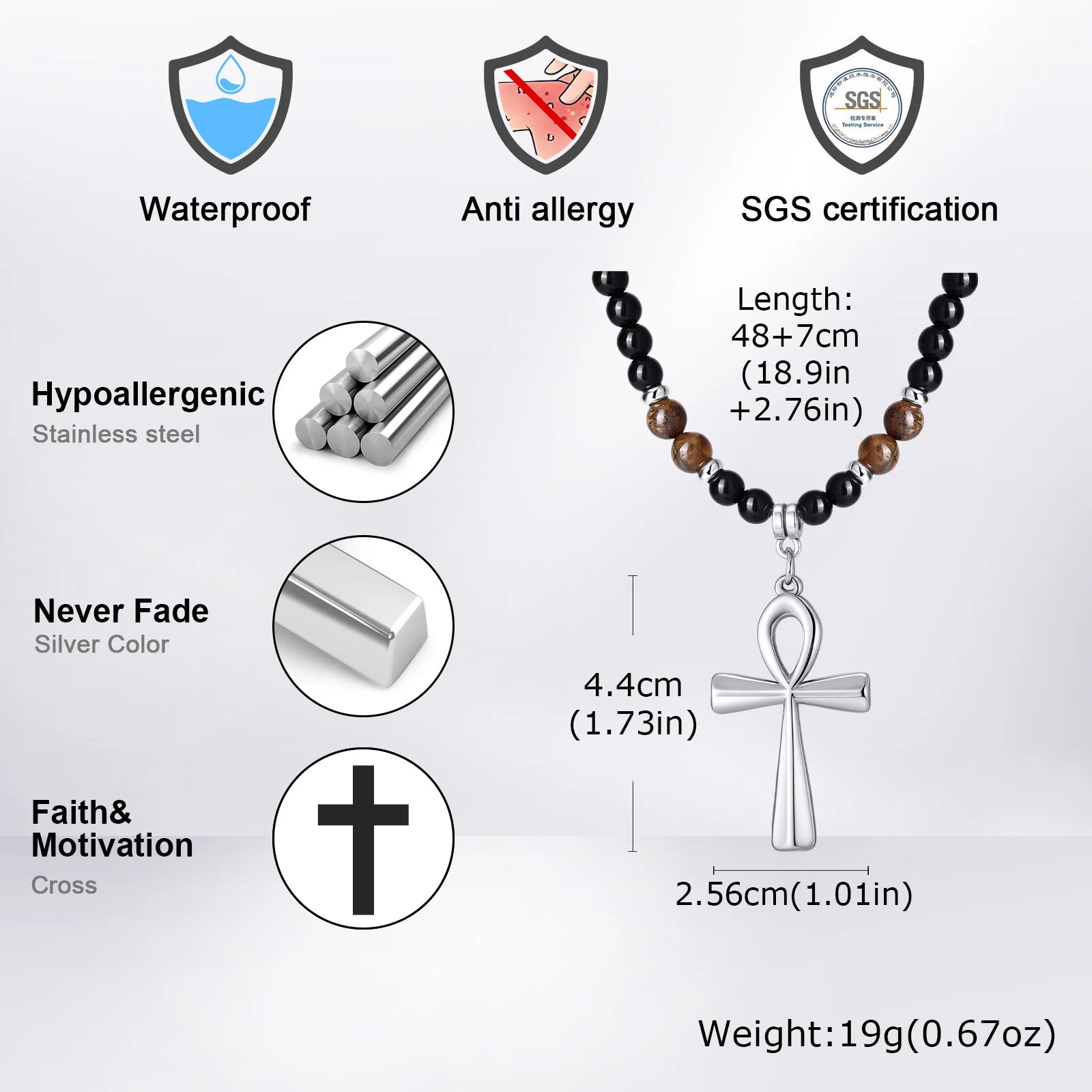 Fashion Stainless Steel Anka Cross Pendant Necklace, Natural Tiger Eye Stone Beaded Chain Necklace, Trendy Punk Jewelry