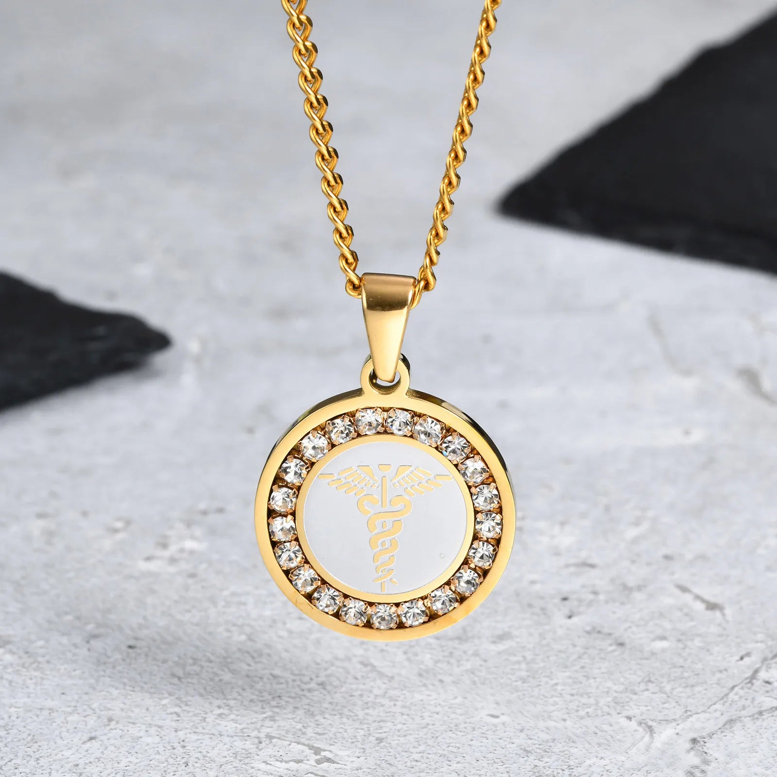 Iced Out Prayer Coin Pendant Necklace — Stainless Steel