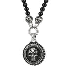 Men's Steampunk CZ Skull Face Head Pendant Necklace For Man 8MM Width 50CM Long Agate Stone Beads Chain Stainless Steel
