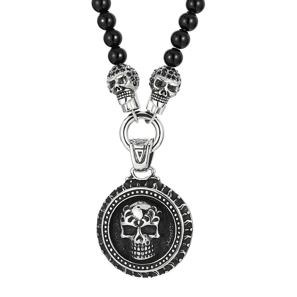 Men's Steampunk CZ Skull Face Head Pendant Necklace For Man 8MM Width 50CM Long Agate Stone Beads Chain Stainless Steel