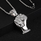 Iced Out Fist Pendant Necklace for Men, Micro Pave CZ Clenched Hand Charm, Hip Hop Rapper Jewelry, Twisted Rope Chain