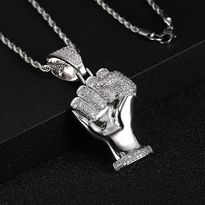 Iced Out Fist Pendant Necklace for Men, Micro Pave CZ Clenched Hand Charm, Hip Hop Rapper Jewelry, Twisted Rope Chain
