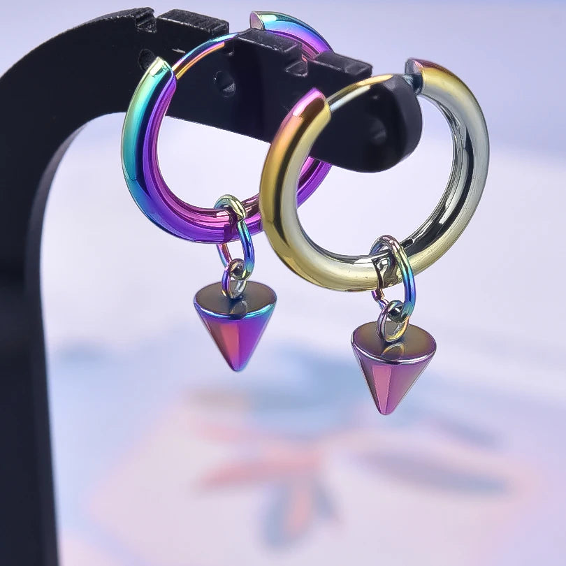 Spike Cone Drop Huggie Hoop Earrings for Men — Stainless Steel