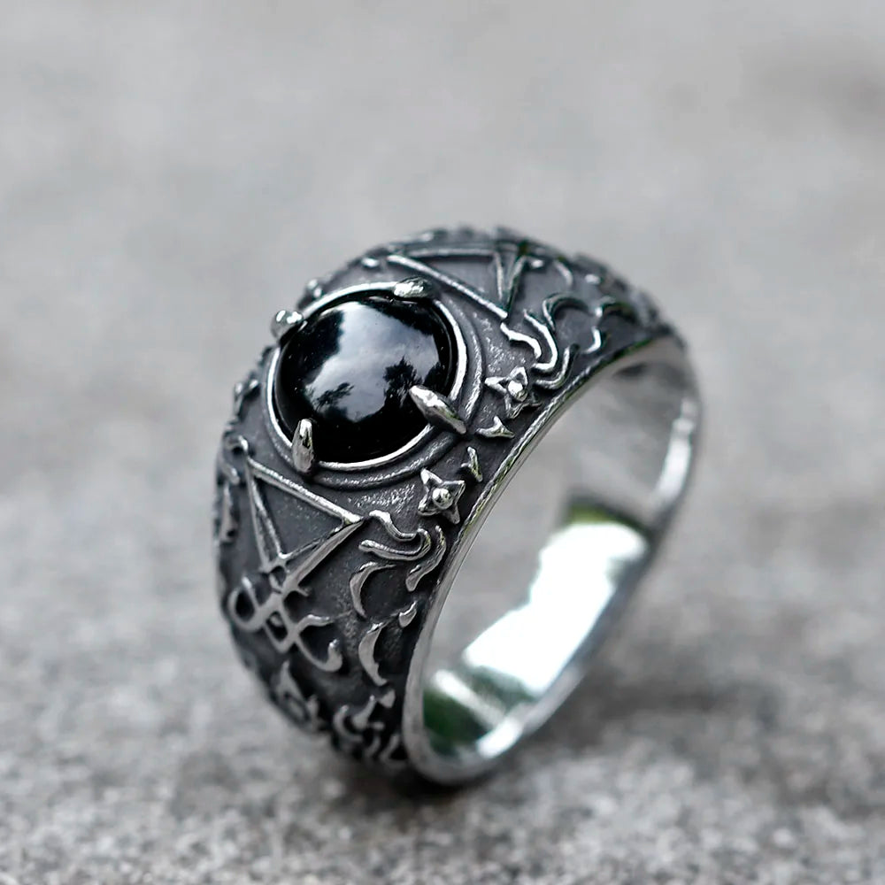 2023 New Updated Design Lucifer Satan Signet Ring For Men With Black Stone Stainless Steel Vintage Jewelry Gift free
