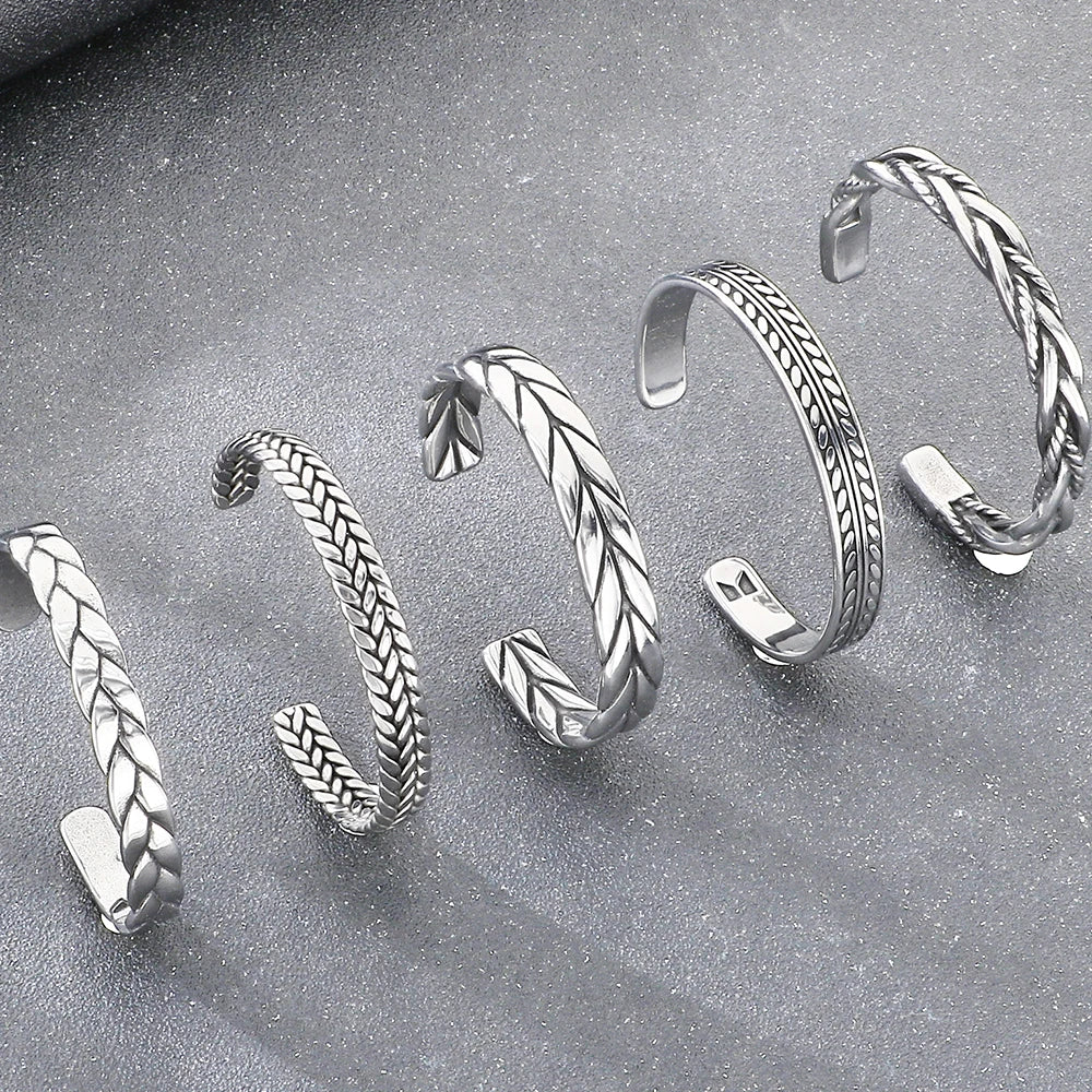 Vintage Open Bangle for Man Men 316l Stainless Steel Men's Braided Style Cuff Bracelets Punk Birthday Jewelry Gift for