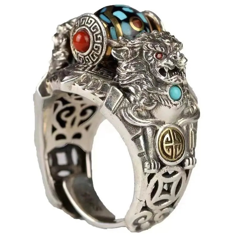 Divine Beast Coin Ring — Ethnic Buddhist Bead Ring for Men
