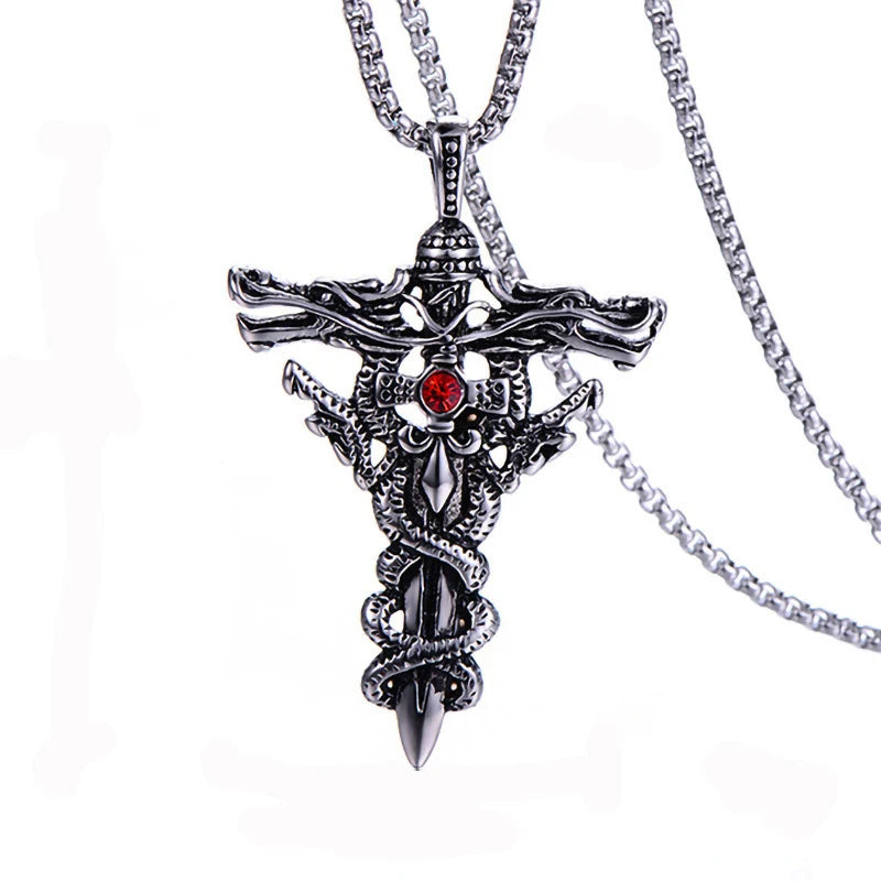 Silver Cross Pendant Necklace Vintage Red Stone