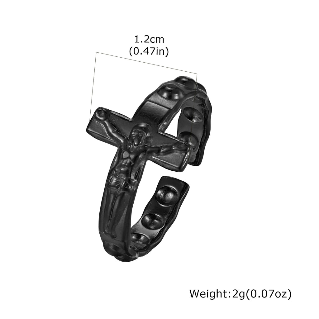 Fashion Vintage Jesus Cross Rings for Men, Waterproof Stainless Steel Adjustable Open Rings, Religious Party Jewelry Gift