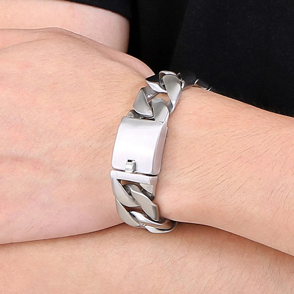 20MM Curb Cuban Chain Men Bracelet for Man Polished Brushed Waterproof Gold Color Stainless Steel Wristbands New In