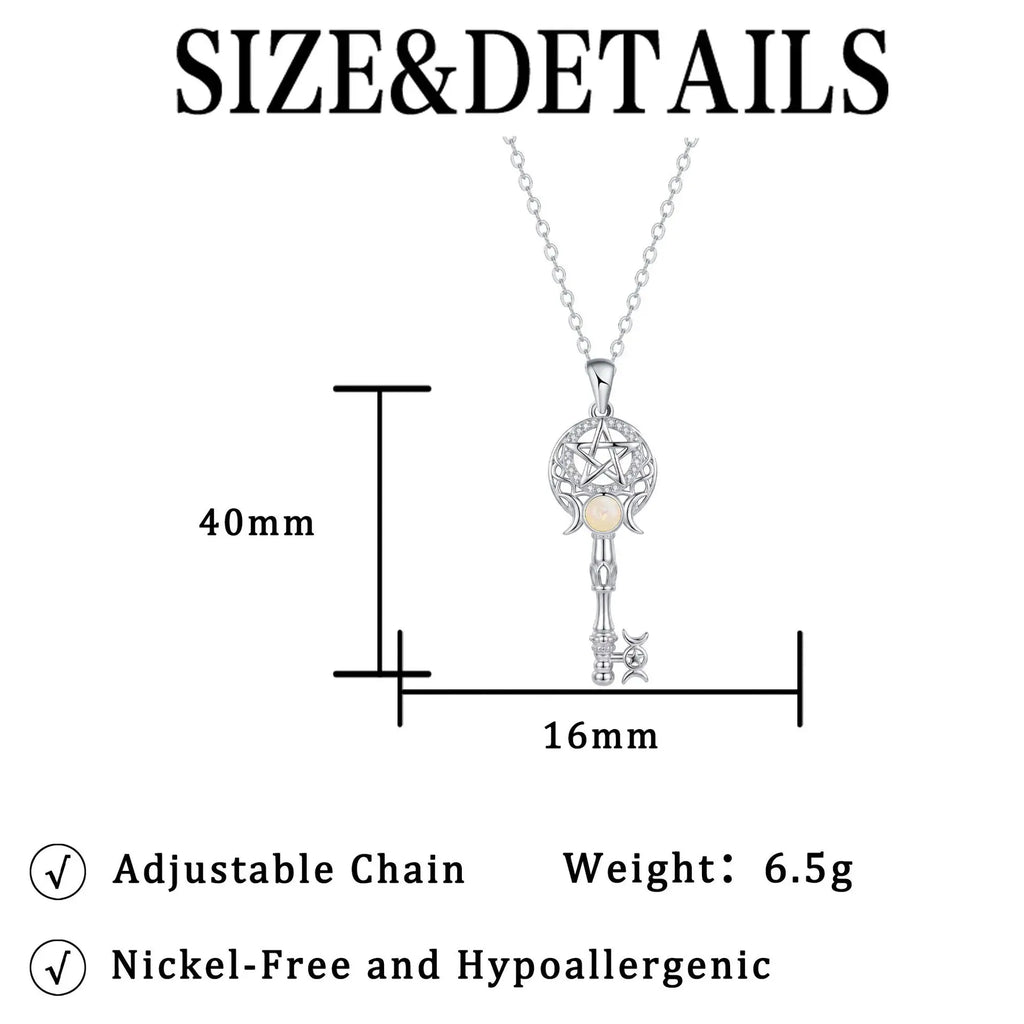 Witchcraft Triple Moon Goddness Key Shape Necklaces Opal Zircons Pentagram Symbol Pendant Witch Amulet Protection