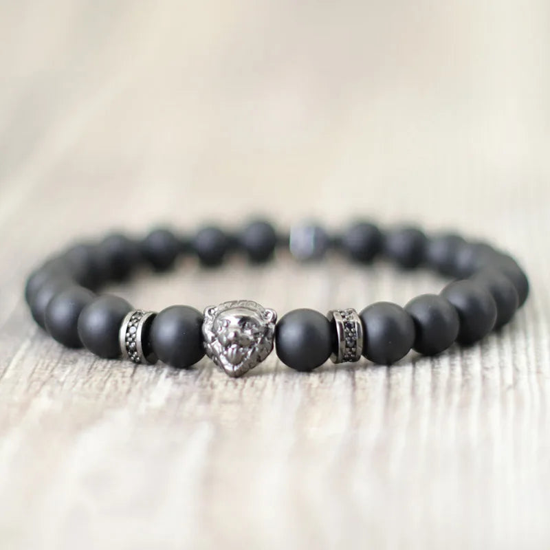 Noter Hiphop Men Bracelet Beaded 8mm Onyx Stone Braclet Wolf Lion Animal Braslet Punk Jewelry Pirate Skull Brazalete