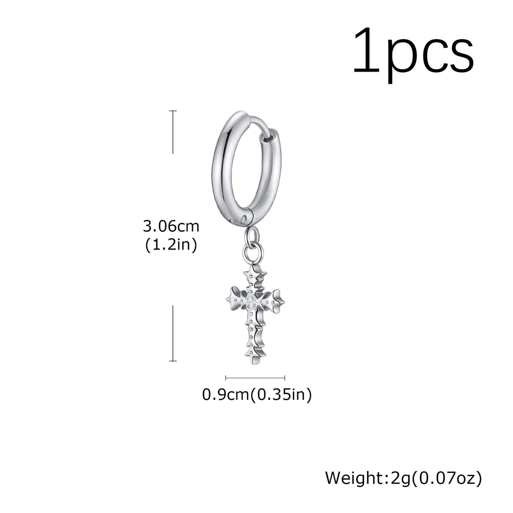 Punk Gothic Thorn Cross Pendant Hoop Earrings, Cool Hip Hop Stainless Steel Drop Earrings, Fashion Daily Party Jewelry