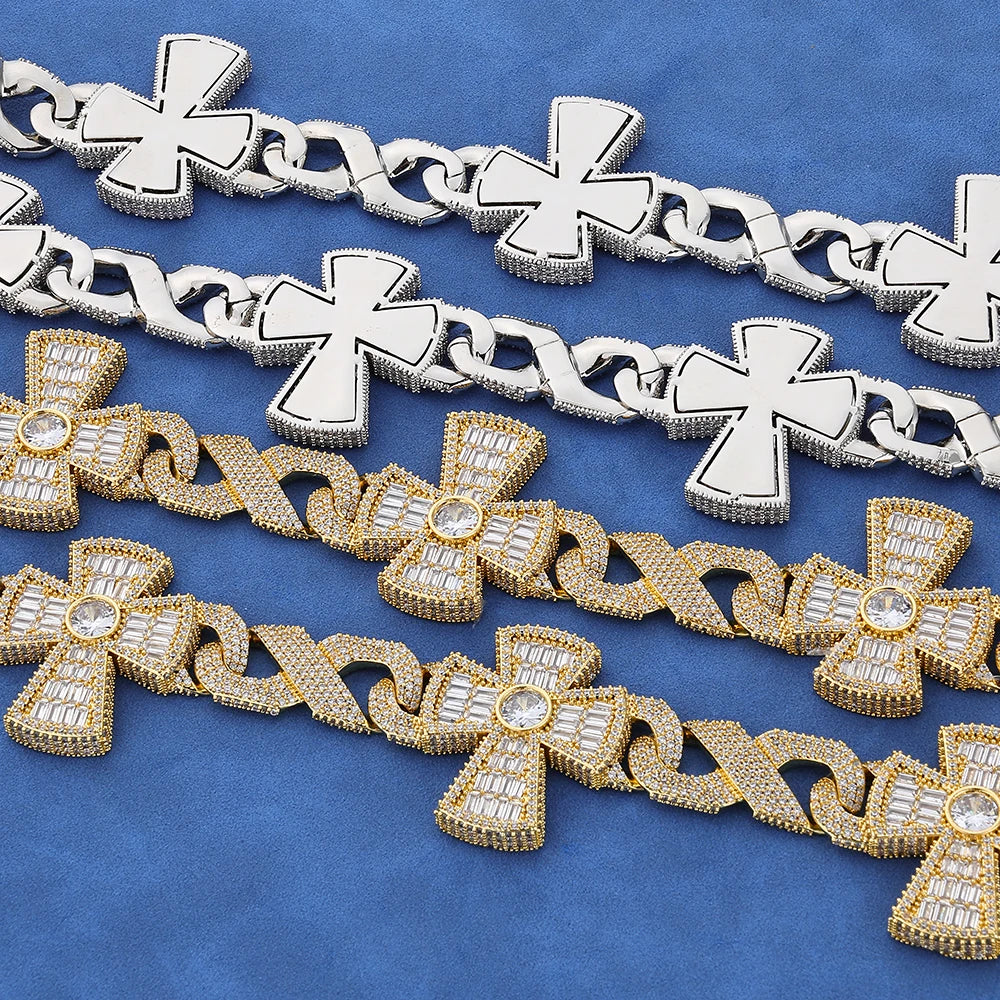 16mm Big Heavy Hip Hop Bling 3A+ Bling Iced Out Infinite Cross Cuban Link Chain Necklaces for Men Rapper Jewelry Gold