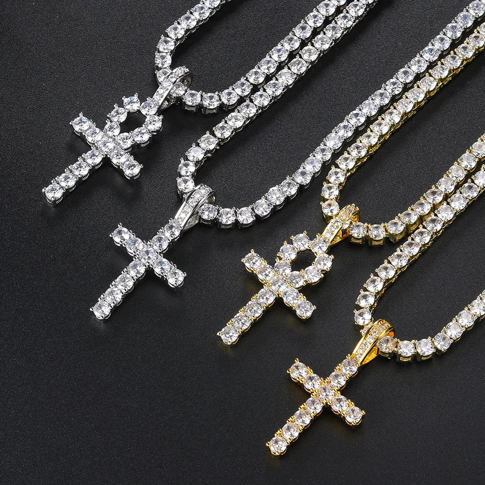 Iced Out Tennis Cross Pendant — Gold