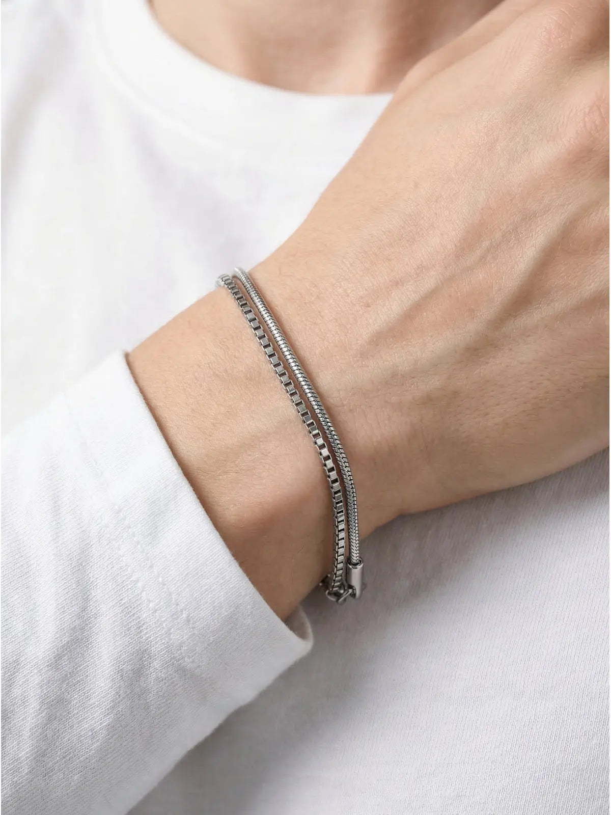 Silver Box Chain Bracelet Set — Stainless Steel