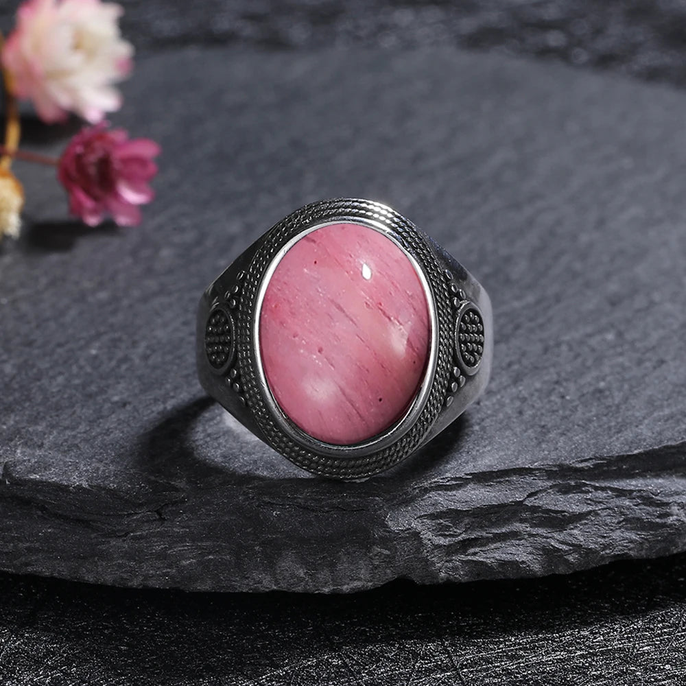 Silver Plated Rings Large Natural 10x14MM Black Agate Ring for Women Men Silver Party Jewelry Tiger Eye Turquoise Lapis