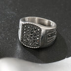 LNCHRAN Men 316L Stainless Steel Silvery Paved Black Synthetic Zircon Signet Ring Gothic Jewelry Gift For Men