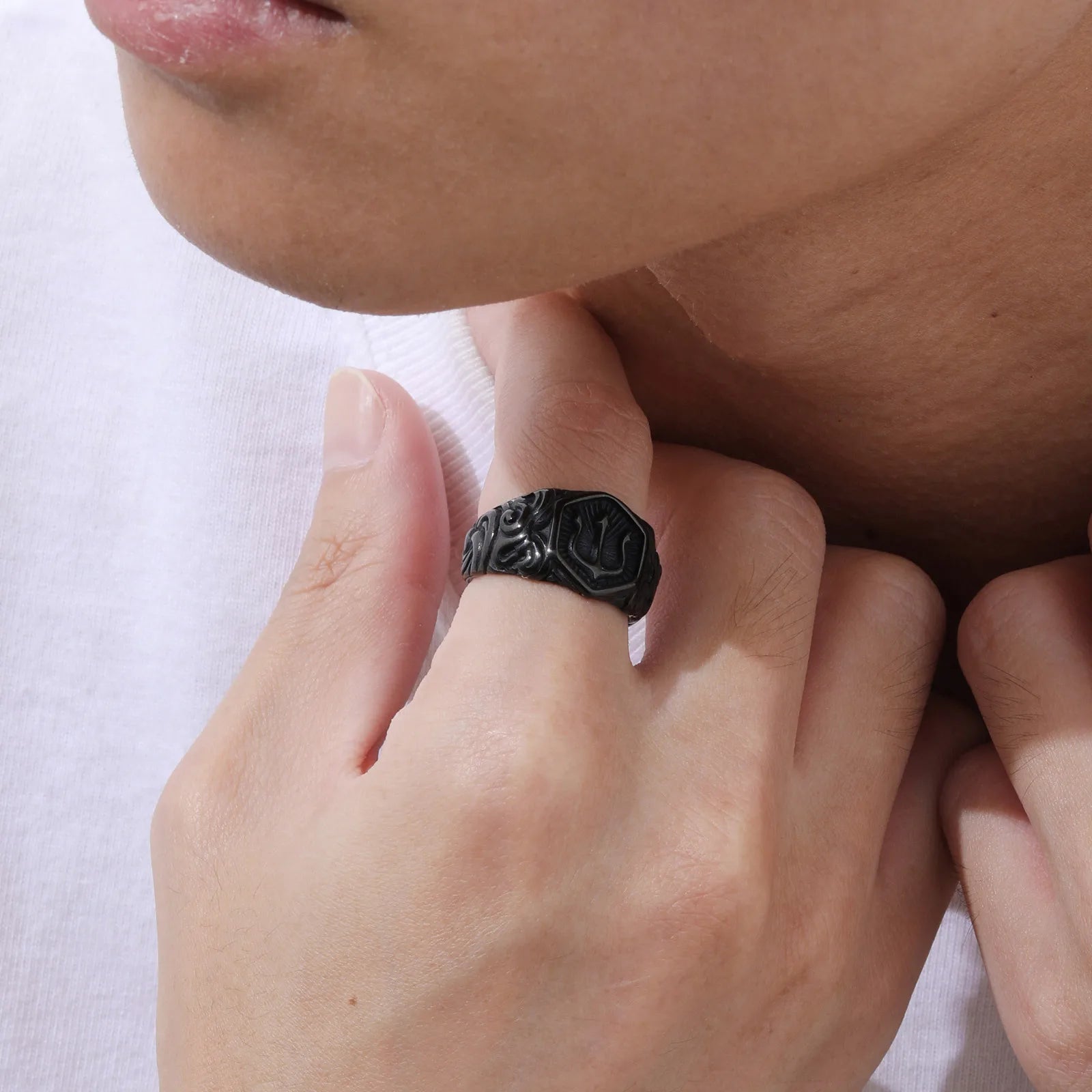 Trident Stamp Black Signet Ring — Stainless Steel
