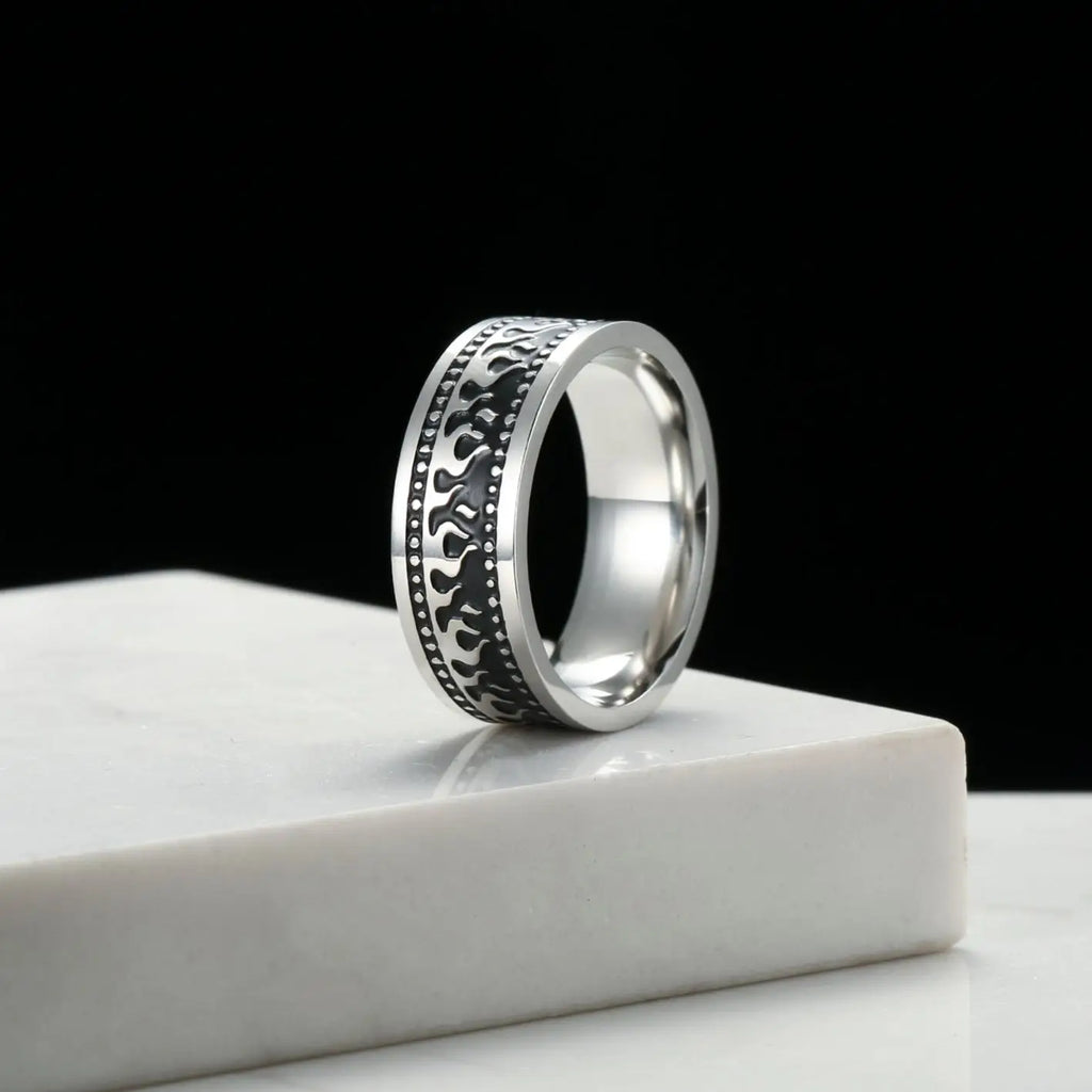 My Shape Vintage Fire Flame Totem Vine Cross Rings for Men Black Paint Punk Stainless Steel Finger Rings Male Jewelry