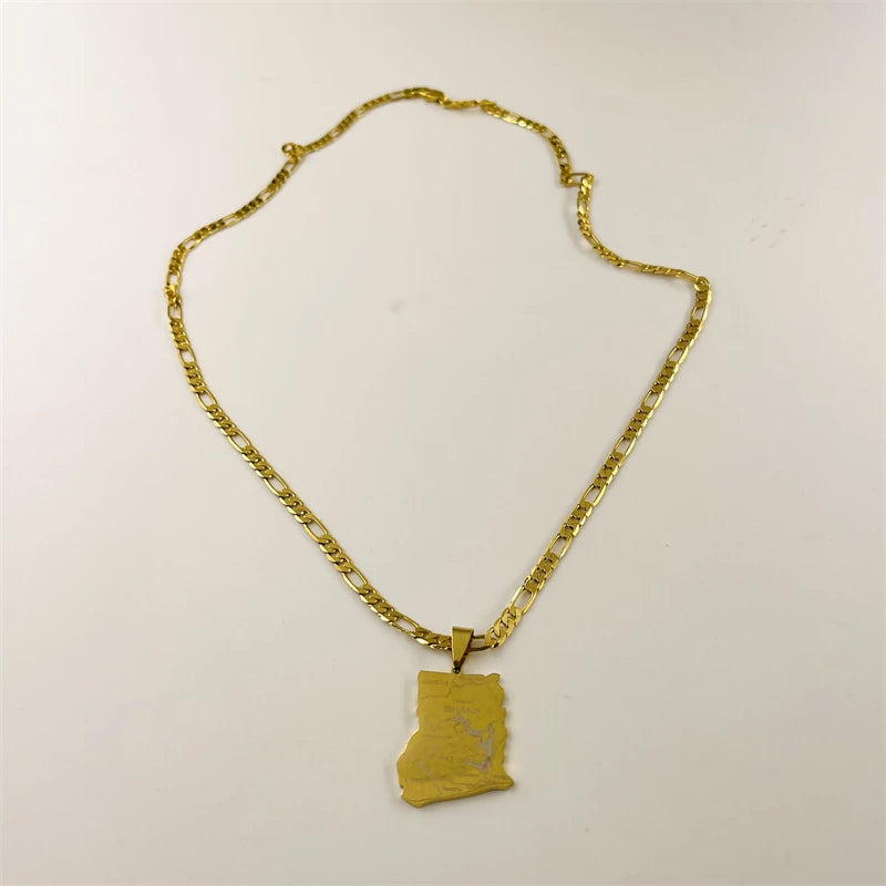 Ghana Map Pendant Necklace Laser Carved African Style — Gold-Tone
