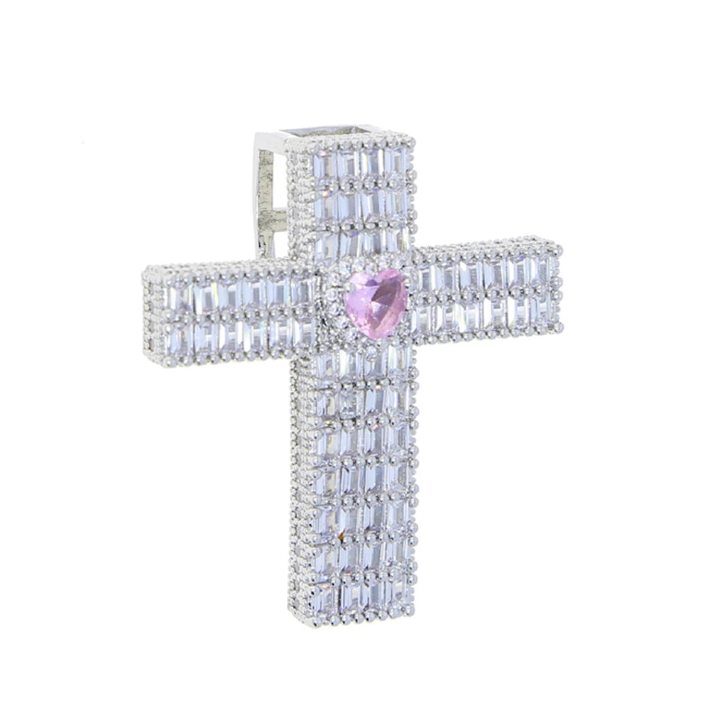 New Iced Out Bling CZ Cross Pendant Necklace Silver Color Prong Setting Cubic Zirconia Jesus Charm Men Women Hip Hop