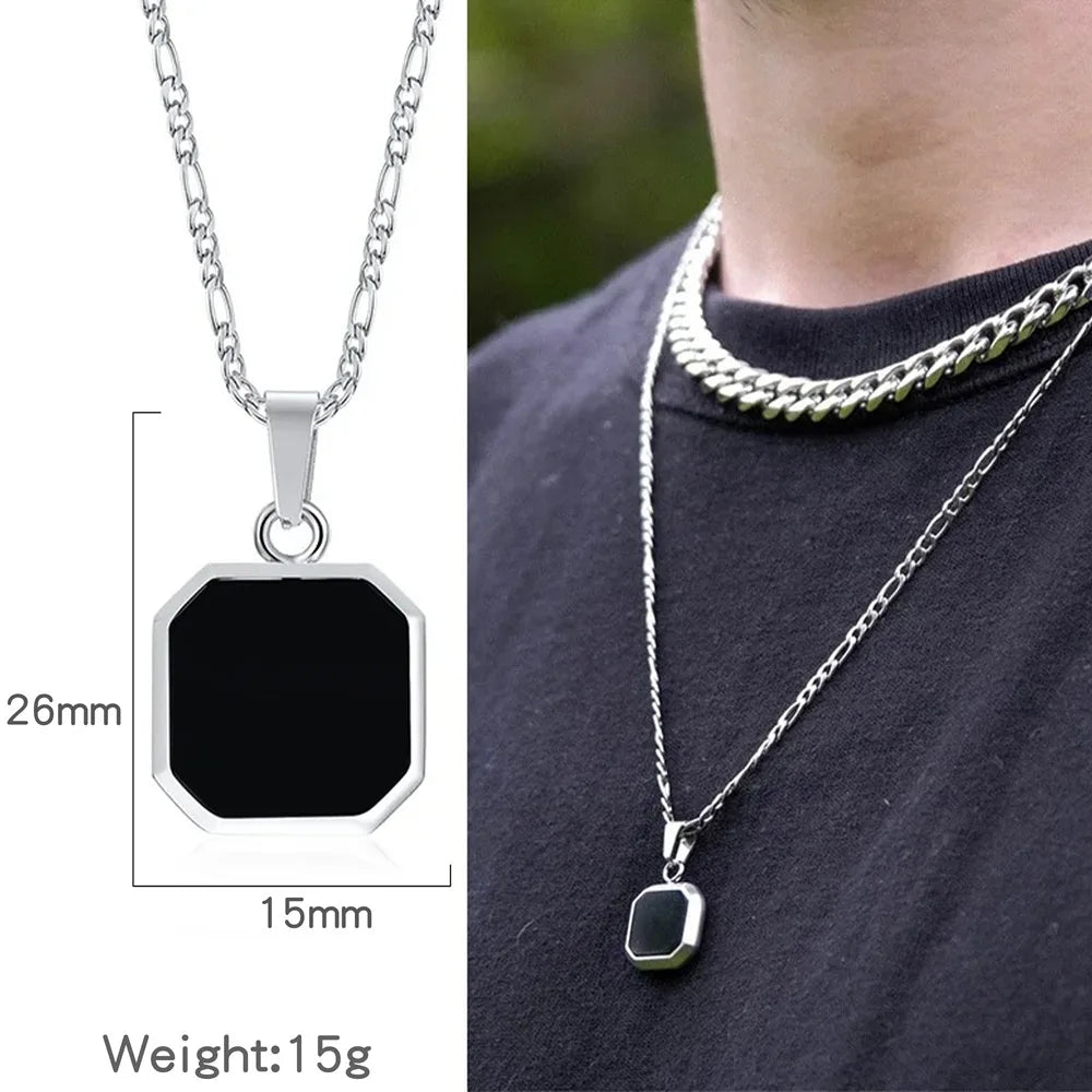 Simple Men Stainless Steel Pendant Necklace Retro Square Black Shell Figaro Chain Necklace Fashion Jewelry Trend Accessories