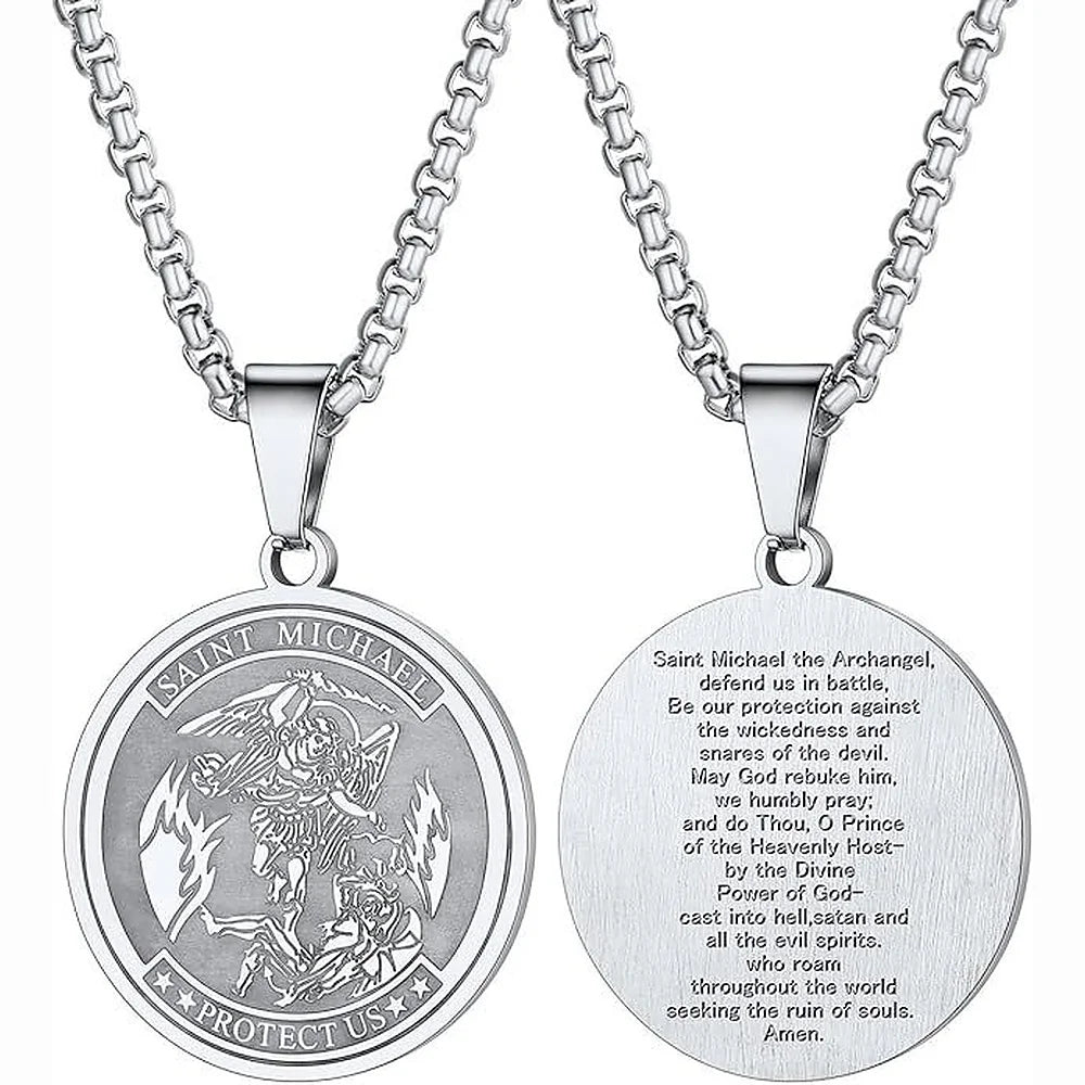 Round Archangel Michael Medal Pendant Necklace Black Color Stainless Steel Box Chain Necklace For Women Catholic