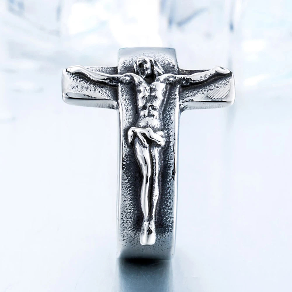 Men's Vintage Stainless Steel Jesus Cross Rings Fashion Character Relief Religious Ring Creative Party Gothic Jewelry