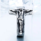 Men's Vintage Stainless Steel Jesus Cross Rings Fashion Character Relief Religious Ring Creative Party Gothic Jewelry