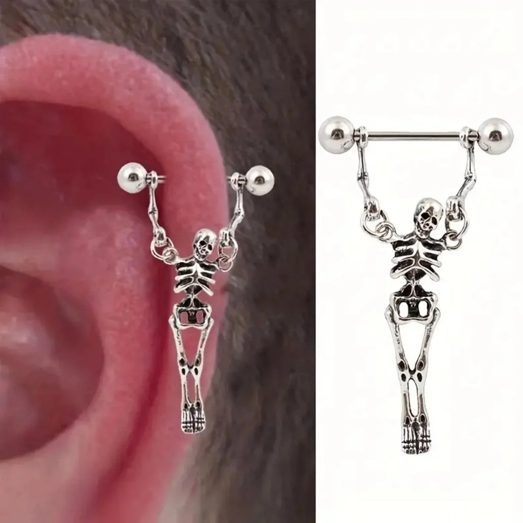Skeleton Dangle Earrings — Gothic Barbell Pierced
