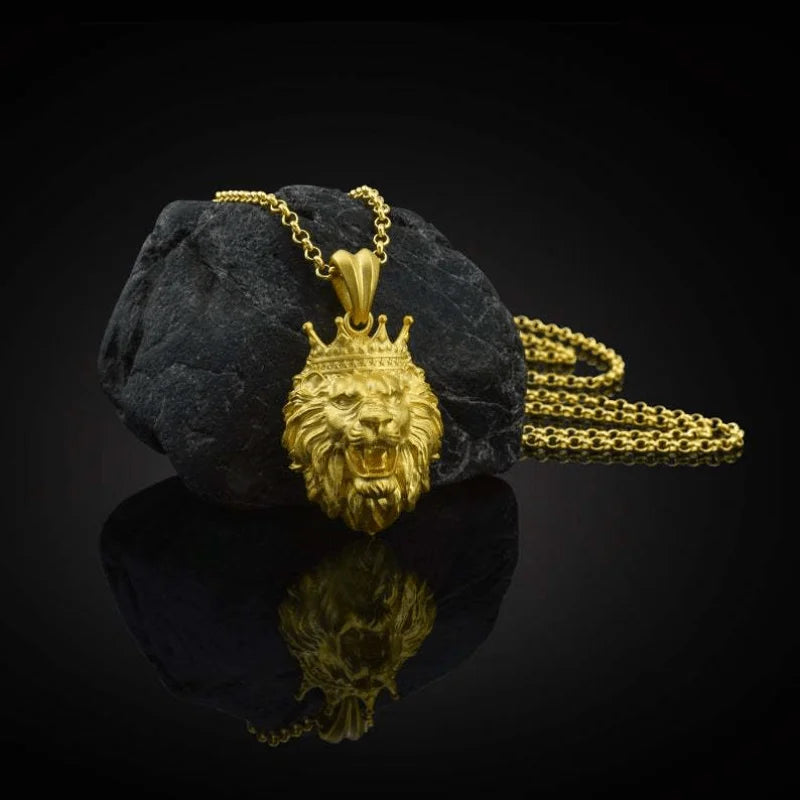Crown Lion Head Pendant Necklace — Stainless Steel