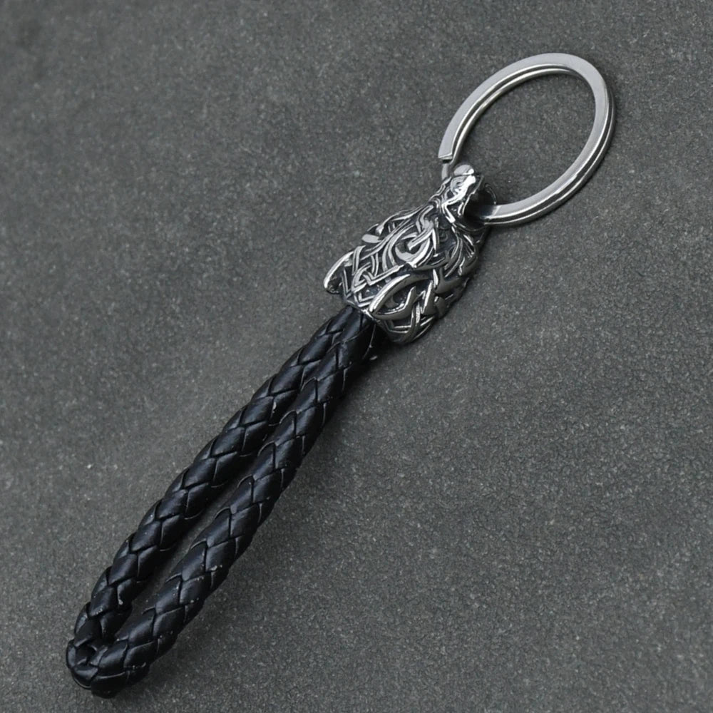 Vintage Wolf Head Keychains Viking Pendant Stainless Steel Wolf Keyring Male Black Leather Key Ring