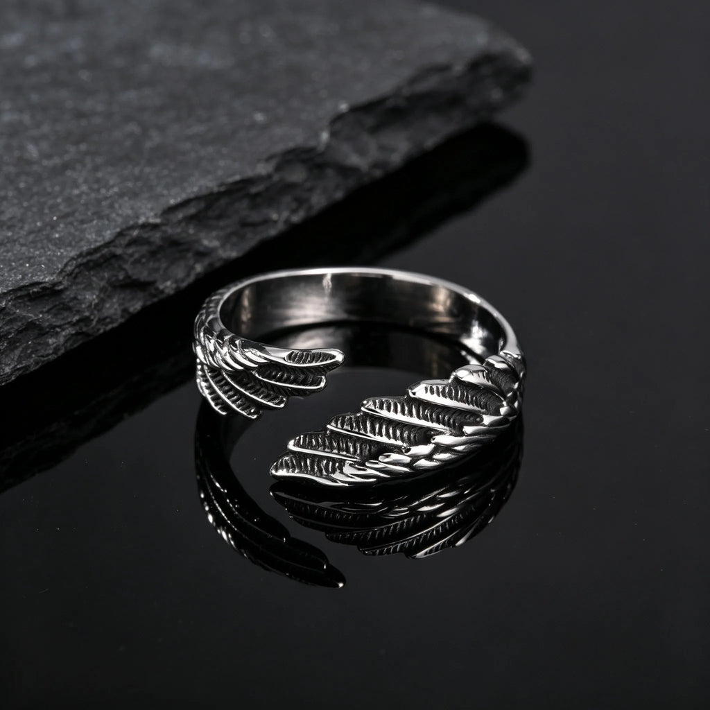 Punk Wings Ring for Men,Vintage Stainless Steel Open Adjustbale Ring,Hip Hop Jewelry for Daily Wear Party Gift