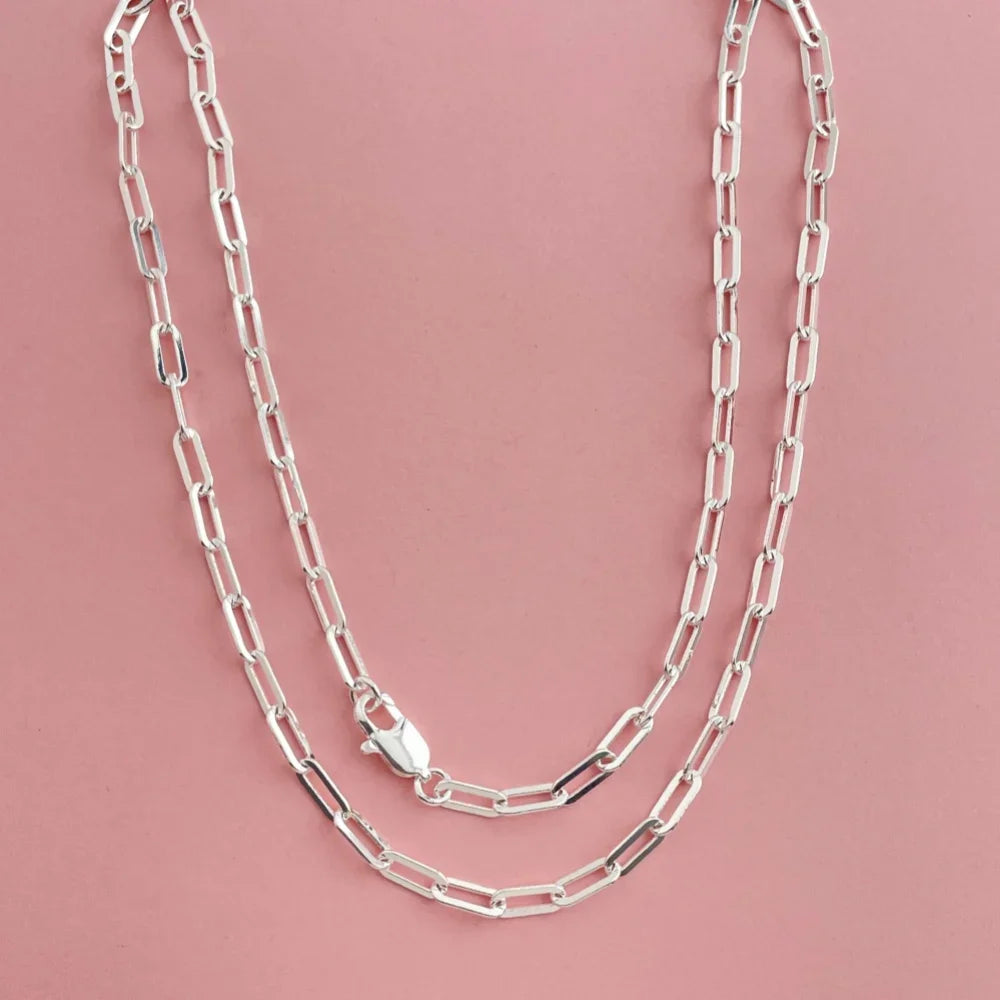 45-60cm 925 Sterling Silver 3mm Wide Paper Clip Necklace for Boys Girls Women Fine Jewelry Wedding Party
