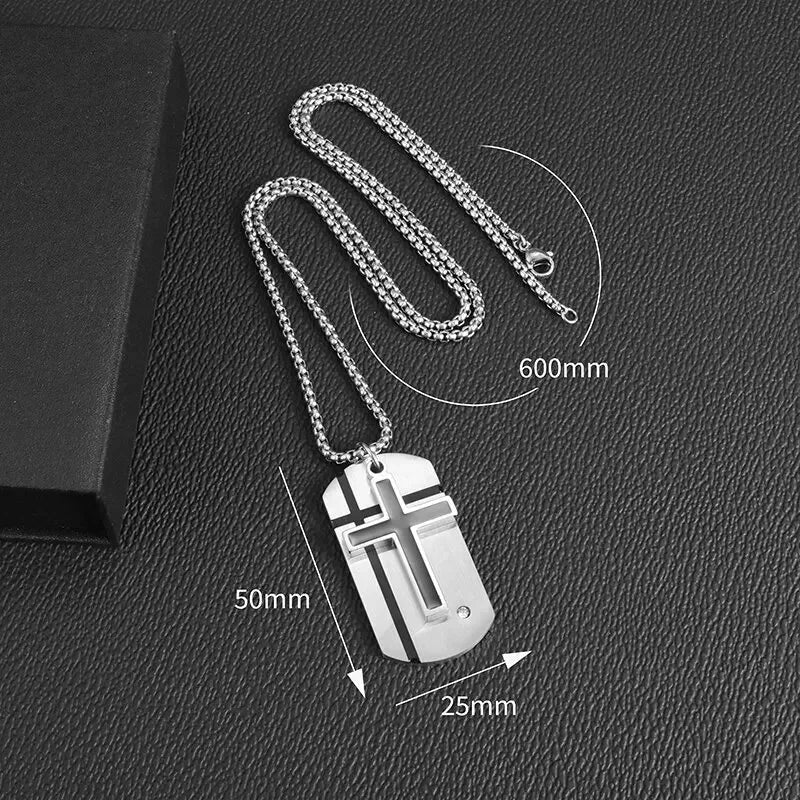 Men\'s Cross Necklace Stainless Steel Silver Color Faith Cross Bible Verse Dog Tag Pendant Necklace Birthday Gifts for