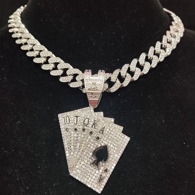 Men Women Hip Hop playing card Pendant Necklace With Crystal Cuban Chain HipHop Iced Out Bling Necklaces Fashion Charm