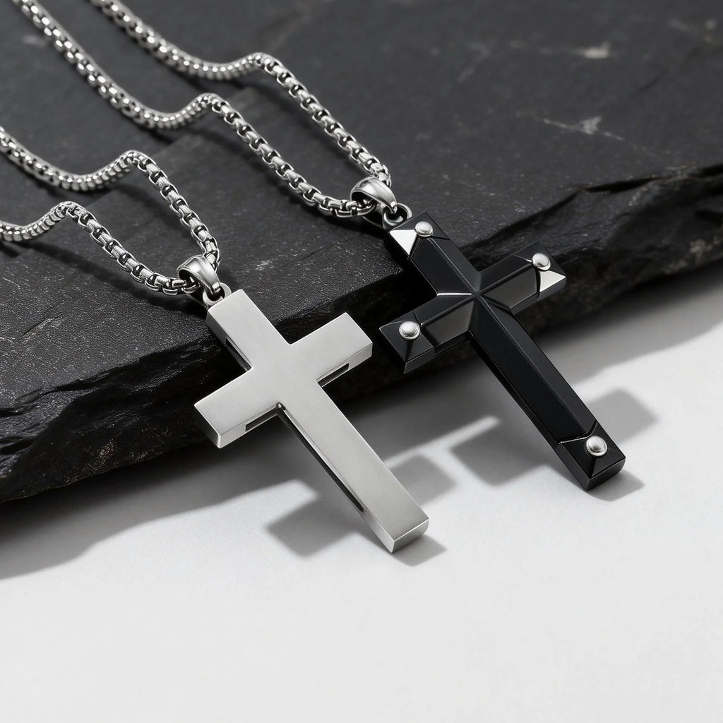 Luxury Natural Black Onyx Cross Necklace for Men,Waterproof Stainless Steel Cross Pendant,Jewelry Gift for Husband
