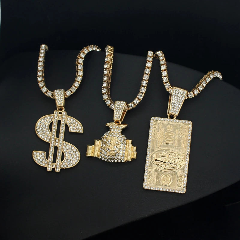 Women Men Hip Hop Jewelry Bling Rhinestone Dollar Sign Money Bag One Hundred Dollar Pendant For Iced Out Necklace Jewellery