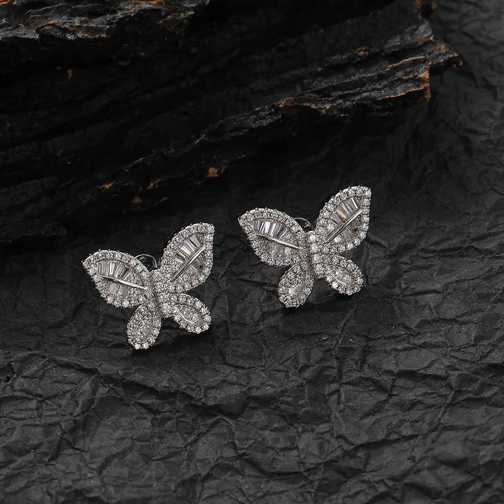 Gold Iced Out Butterfly Stud Earrings Statement