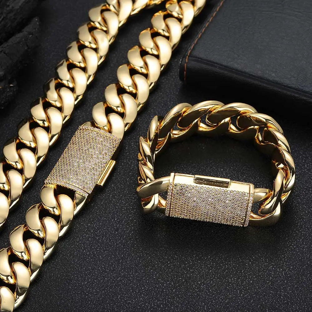 Gold Cuban Chain Necklace Iced Out 18K 12/22MM