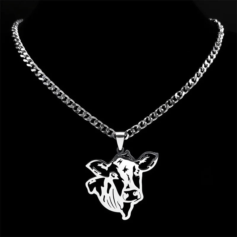 Cow Head Hollow Pendant — Silver Stainless