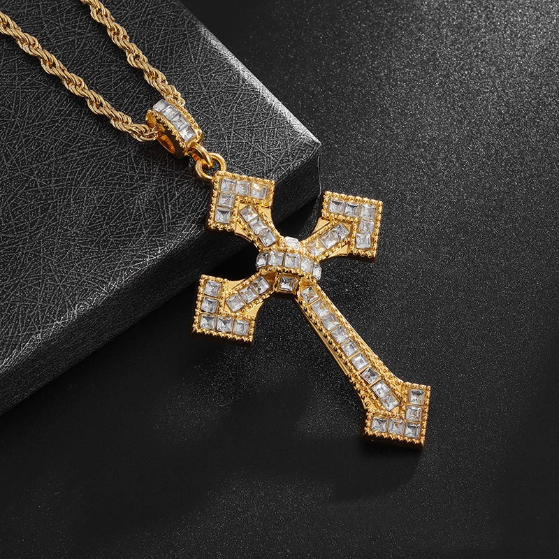 Gold Iced Out Cross Pendant Necklace O-Chain