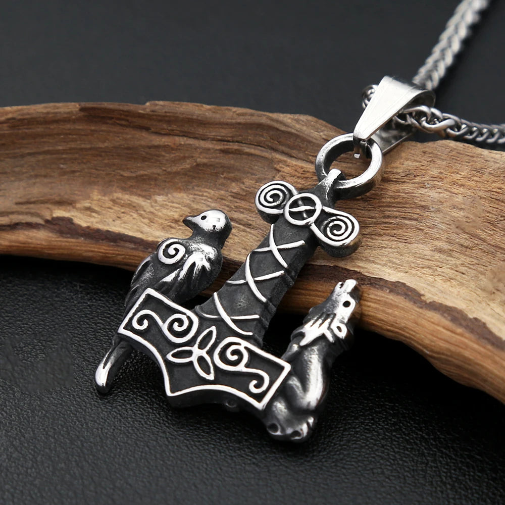 Viking Thor Hammer Wolf Pendant — Stainless Steel