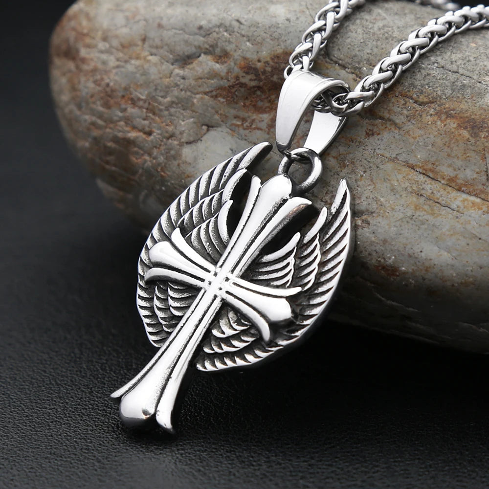 Cross Steel Pendant Vintage Punk Angel Wings Memorial