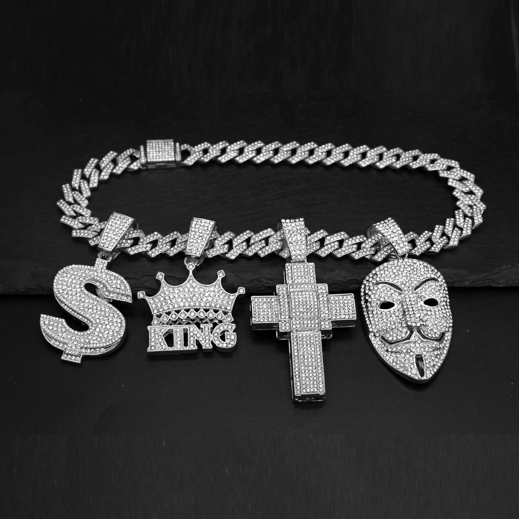 Men Women Hip Hop Big Dollar Sign Cross Pendant With 15mm Rhombus Cuban Chain Iced Out Bling Necklaces Fashion Charm Jewelry