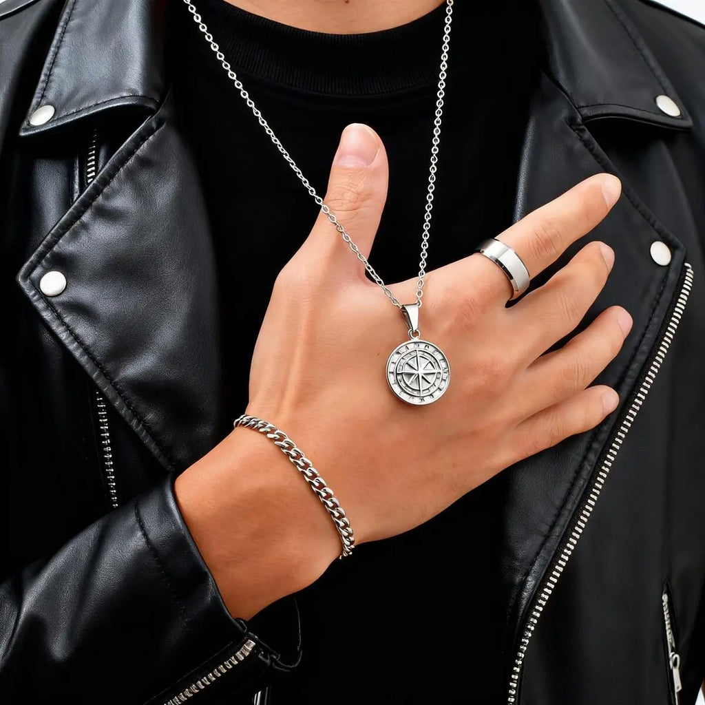 3pcs Classic Compass Necklace Set Gift for Men,Silver Gold Color Stainless Steel Bracelet Ring,Simple Jewelry Set