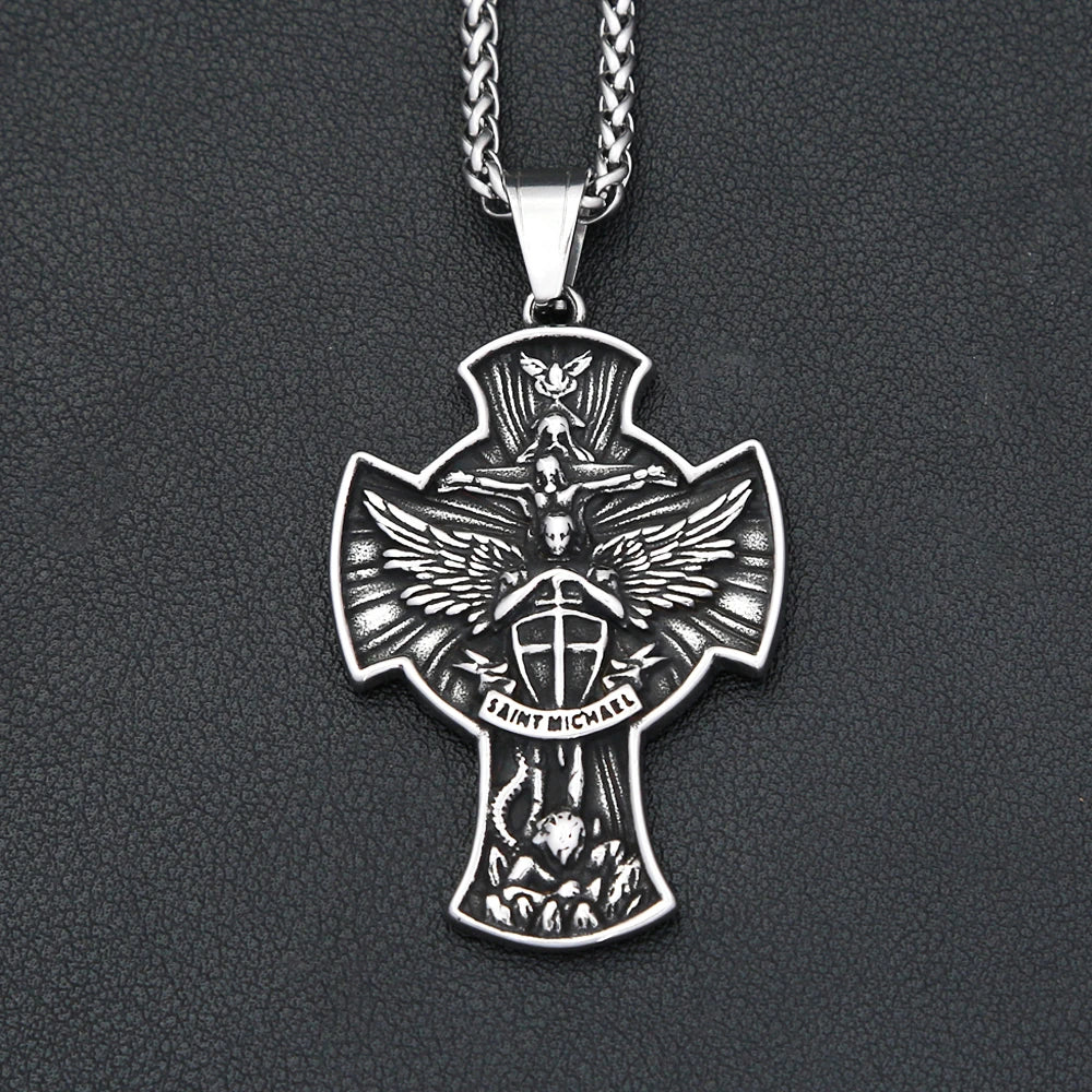 Vintage Stainless Steel Saint Michael Cross Pendant Necklaces For Men Women Fashion Religious Amulet Jewelry Gifts
