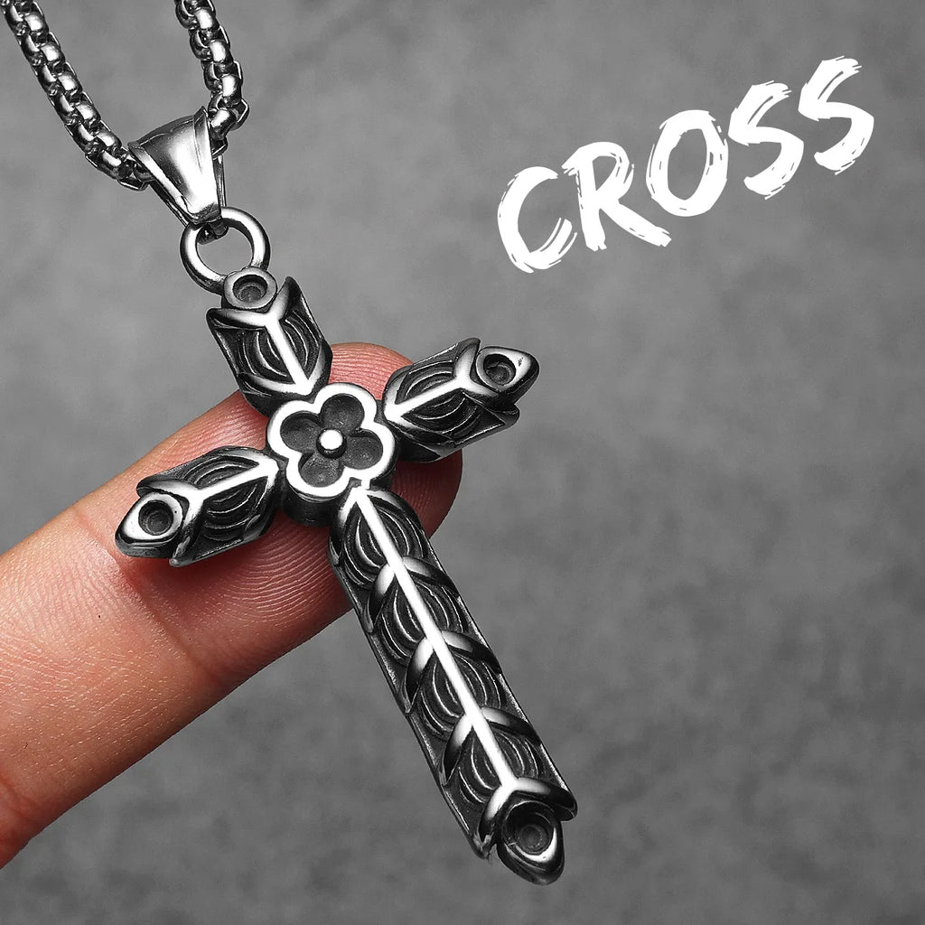 Engraved Cross Stainless Steel Pendant Necklace