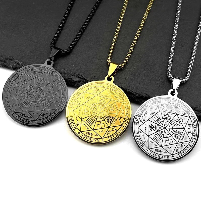 Seven Archangels Sigil Medal Angel Pendant Necklace for Women Men Stainless Steel Seal of Solomon Christian Amulet
