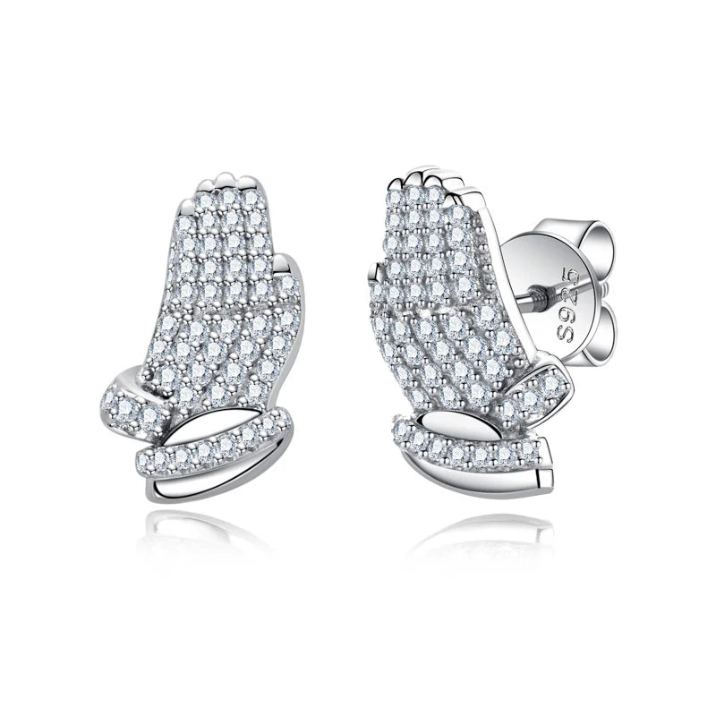 Iced Out Prayer Hand Earrings — 925 Silver